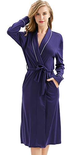 Women Robe Soft Kimono Robes Cotton Bathrobe Sleepwear Loungewear with Oblique V-Neck Heather (Navy Blue M)