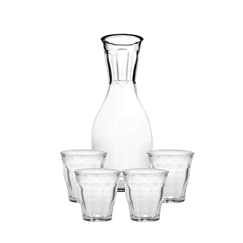 Duralex DK1 Picardie Carafe with 4 Tumblers Set, 1.1 Qt + four 5.625 oz, Clear Glass
