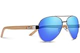 TREEHUT Wooden Bamboo Sunglasses Temples Classic Top Gun Retro Metal Frame Top Gun Wood Sunglasses (Silver Frame, Blue Mirror)