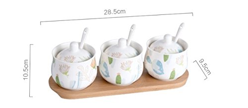 Ceramic Food Storage Porcelain Condiment Container Spice Jar with Lids - Ceramic Serving Spoon, Wooden Tray - Pottery Cruet Pot,Seasoning, Sugar, Coffee, Salt, 8.8OZ (250ML), Set of 3 (Garden)