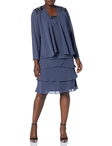 S.L. Fashions Damen Embellished Tiered Jacket Dress (Petite and Regular) Kleid fr besondere Anlsse, Stahl, Size: 12