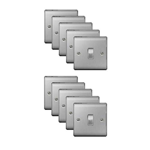 British General Pack of 10 x BG NBS12 Brushed Steel/Satin Chrome Single Light Switch - 10 amp 1 or 2 Way