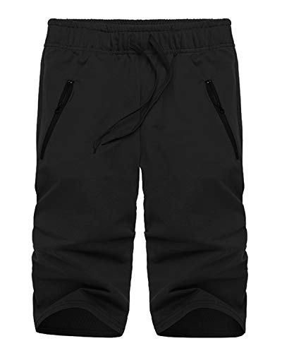Voncheer Mens Elastic Waist Drawstring Summer Workout Shorts with Zipper Pockets (M, Black Mens Shorts)