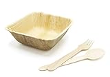 Party Disposable Bowls Dinnerware Set of 75 - Palm Leaf Plates (25) - 16 oz Square Deep Dishes, Wooden Forks(25) & Spoons (25) - Compostable. Great For Wedding, Camping, Birthday, Holidays