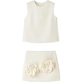 THLAI Summer Women 2 Piece Skirt Sets Sleeveless Crop Tank Top and Mini Skirt Matching with 3D Flower Sexy Short Sets