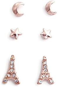 El Vincere Simple Cartoon Star Moon Eiffel Tower Fashion Ear Studs 3 Pairs (Pink)