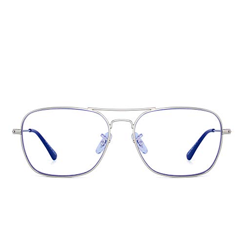 Aviator Blue Light Blocking Computer Glasses, Square Eye Protect Video Eyeglasses Anti Glare Men Women (Silver Frame Black Temple Tips) - Thumbnail 2