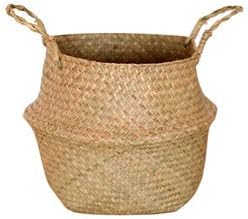 Handmade Bamboo Storage Baskets Foldable Laundry Straw Patchwork Wicker Rattan Seagrass Belly Garden Flower Pot Planter Basket Natural Color 27cm