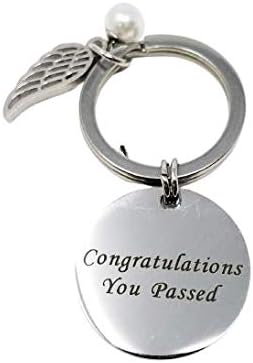 Congratulations You Passed Keyring, Stainless Steel Metal Keychain with Angel Wing Charm and Pearl Detail