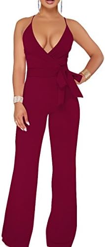Belypoe Plus Size Deep V Neck Wrap Waist Wide Leg Jumpsuit for Women Wine XL