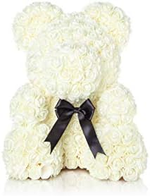 The Forever Rose Teddy Bear for Valentines - Gorgeous 14" Teddy Bear Made with Handmade Roses in Elegant, Fancy Valentine Gift Box (White w Ribbon)