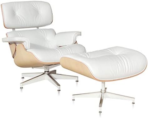 Office Chair Lounge Chair and Ottoman, Natural Leather Living Room Recliner, Replica Mid Century Reclining Armchairs Single Sofa with Heavy Duty Base Support (Ash White)