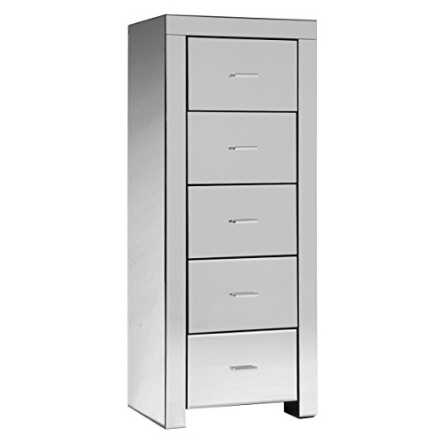 Charles Bentley Home Mirrored Glass Furniture 5 Drawer Tallboy Chest Cabinet Bedroom
