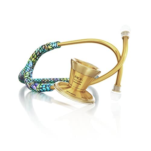 MDF Instruments, ProCardial Cardiology Stethoscope, Limited Edition Mprints, Lightweight Titanium, Adult, Dual Head, Free-Parts-for-Life, Mermaid Tube, Gold Chestpiece-Headset, MDF797TMMK