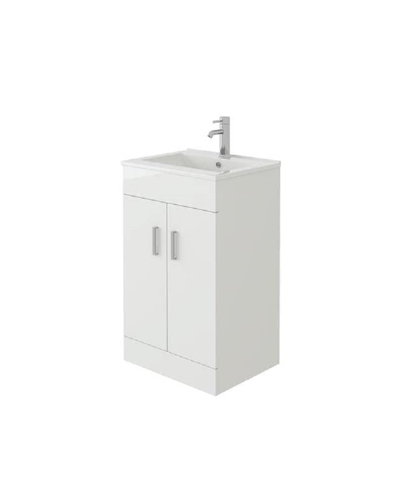 VeeBath VUMW50 Sphinx High Gloss White Free Standing Basin Vanity Cabinet Unit with 2 Swing Doors and Rectangular Sink-500mm (Flat Pack)