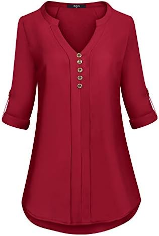 Marbetia Casual Blouses V Neck Chiffon Shirt 3/4 Cuffed Sleeve Button Tops
