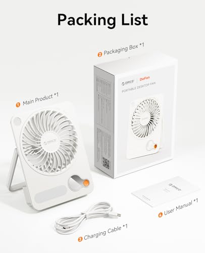 ORICO Ventilador USB de Mesa Potente, Mini Ventilador Escritorio con Motor sin Escobillas (3200 RPM), 3 Velocidades, Pantalla Digital, Diseño Ultra Delgado 3.9cm, Cable Tipo C, Blanco