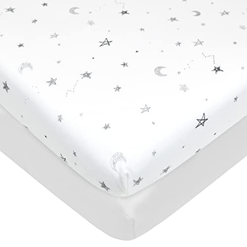 American Baby Company 2 Pack Fitted Pack and Play Sheet 39x27",GY Star & WT