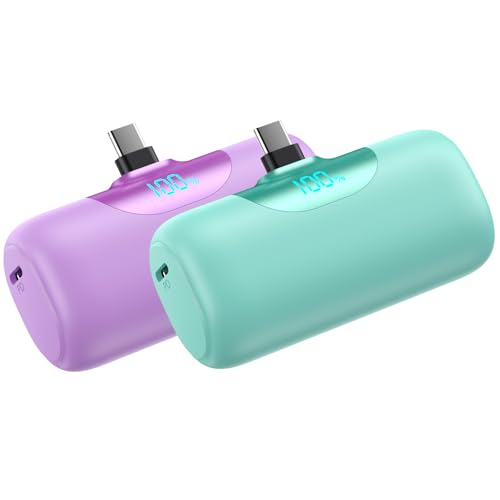 [2 Pack] Mini Portable Charger for iPhone 5200mAh, 20W PD Fast Charging Power Bank, LCD Display Battery Pack Portable Phone Charger for iPhone 14/14 Pro Max/13/12/11/XR/8/7/6 Mint Green+Lavender