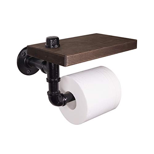 MINCORD Industrial Wall-Mounted Pipe Toilet Paper Holder with Rustic Wooden Shelf Cast Iron Pipe Hardware for Bathroom, Washroom, Black