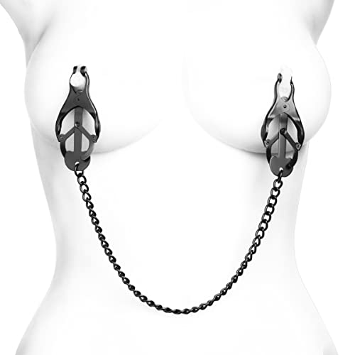 Master Series Black Japanese Clover Nipple Clamps with Chain, Clip On
