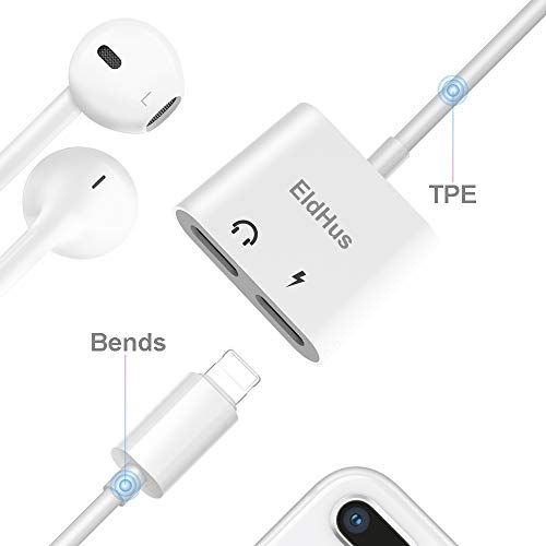 EldHus Fourcase Adapter & Splitter Replacement Compatible with Phone 7, 7Plus, 8, 8Plus, X, Dual 8 Pins 2 in 1 Headphone Jack Aux Audio Music and Charge and Calling Cable Charger Connector,White