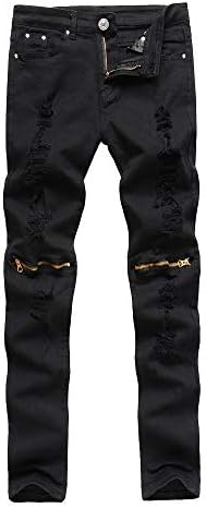 Suncaya Men's Distressed Ripped Biker Moto Denim Trousers Pants Slim Fit Zipper Jeans
