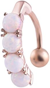 14G Surgical Steel 4 CZ Opal Rose Gold Op16 Vertical Drop Reverse Belly Button Ring Body Piercing