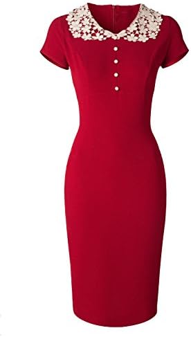 Jabey Women's 1960s Lace Collar Bridesmaid Pencil Dress (Medium, Red)