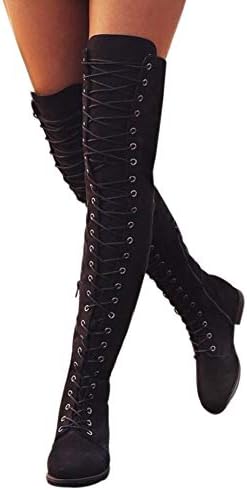 Women Lace Up Boots for Women Faux Leather Over Knee High Heel Boots Shoes by Lowprofile