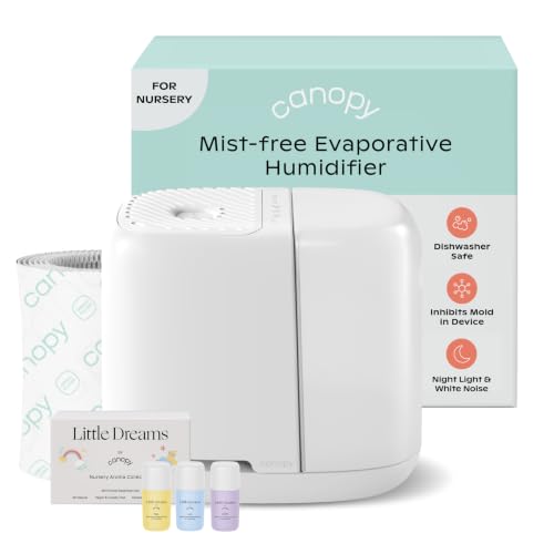 Canopy Nursery Humidifier 2.0, White, 36 HR Run Time, 2.5L Capacity Tank - Sleep Lights, White Noise, Clean Aroma Diffusion - Promote Deep Sleep & Happy Skin - Humidifier, Filter & Aroma Kit