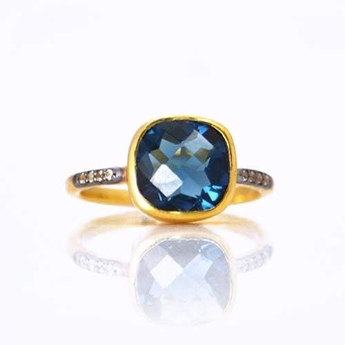 Cushion Kyanite Pave Ring, Vermeil Gold or Sterling Silver, September Birthstone Ring