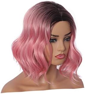 Kashyk Ombre Short Pink Wavy Cosplay Bob Wig, Women Ladies Middle Parting Short Natural Looking Wave Curly Hair Full Wigs Dark Roots To Pink Wig Heat Resistant Synthitic Daily Party Wig