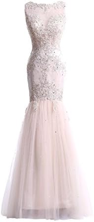 Vegeron Sexy Sheer Top Mermaid Lace Long Prom Dress for Women Formal Champagne Size 14