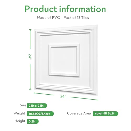 STICKGOO PVC Ceiling Tiles, 2'x2' Glue Up Ceiling Panel White to Prevent Breakage Cover 48 Sq. Ft, Pack of 12 Tiles