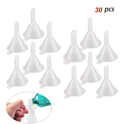 30pcs OOTSR Clear Mini Funnels, Plastic Travel Mini Funnels for Filing Small Samples Perfumes, Essential Oil, Emulsion, Spices, Glitter Powder, Sand Art & DIY Craft