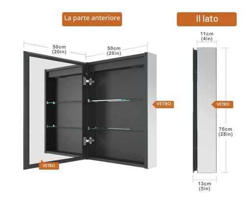 GANPE LED Illuminated Bathroom Mirror with Single Door, Deflog, Continuous Dimming, 3 Colour Memory, Storage Shelves, Sockets and USB (50 x 70 cm)