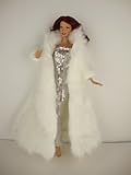 White Floor Length Fur Coat and White Sequined Fitted Gown Made for Barbie Doll