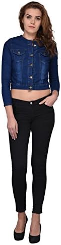 Women's Fullsleeves Washable Round Neck Denim Jacket Medium Dark Blue -By Style Souk