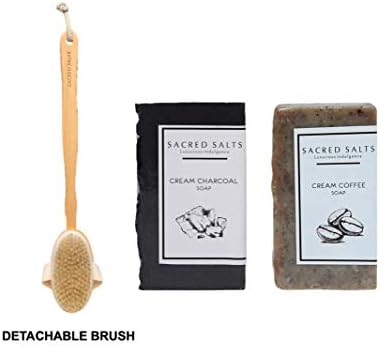 Sacred Salts Charcoal Coffee Soap and Wooden Datachable Bath Brush for Dry Brushing |Gentle Exfoliating Handmade Castile Soap| 100% Natural Organic Bathing Bar | Nourishing Soap for Face & Body | 100g