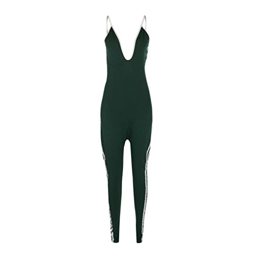 Minisoya Women Low Cut Backless Romper Playsuit Striped Fitness Sports Pencil Leggings Pants Casual Party Jumpsuit (Green, XL)