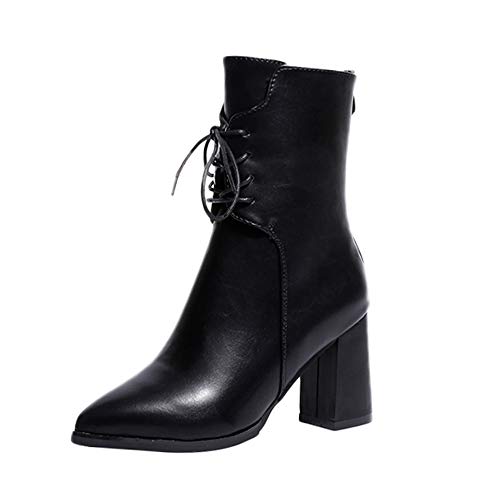 AgrinTol Women's Retro Tassel Shoes Leather High Heel Pointed Toe Lace-Up Martin Boots