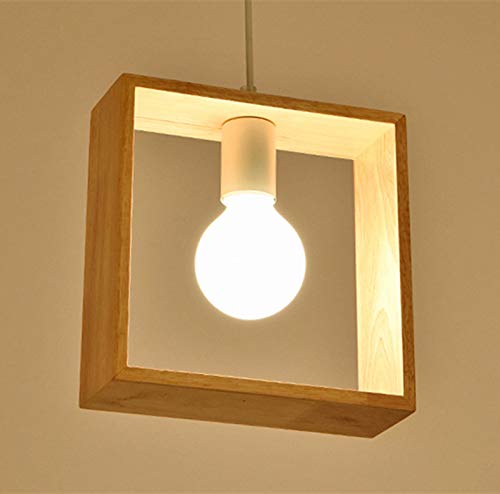 Chrasy Wooden Pendant Lamp Modern Ceiling Light Wood Lampshade Classical Lighting Fixture, E26/E27 Base (Square Shape)