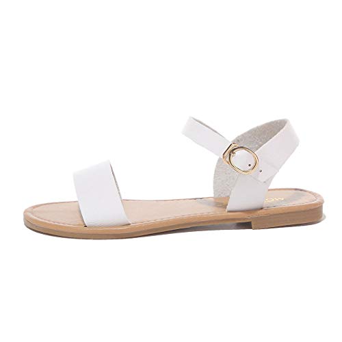 Women's Soft Faux Leather Open Toe and Fashion Ankle Strap Buckle Flat Sandals Comfortable Sandals Shoes White