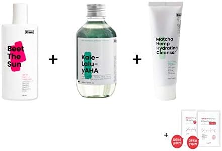 KRAVE Beauty Beet The Sun SPF47 PA++++50ml + Matcha Hemp Hydrating Cleanser 4.05oz+Kale-lalu-yAHA 6.76oz Face Exfoliator 3 Pieces + 2 AL mask sheet Set K-Beauty Eco friendly