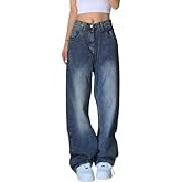 EMMIOL Women Baggy Jeans Mid-Low Waist Boyfriend Streetwear Vintage Jeans Wide Leg Denim Pants