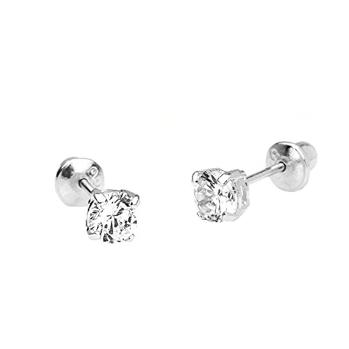 14k White Gold 4mm Basket Round Solitaire Cubic Zirconia Children Screw Back Baby Girls Earrings