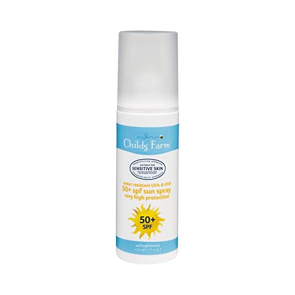 Childs-Farm-Childrens-SPF-50-Sun-Lotion-Spray-Moisturising-Sensitive-Skin-125-ml Childs Farm, Kids and Baby Sun Cream Spray SPF 50+ 125 ml, Water Resistant UVA and UVB, Very High Protection, Suitable…