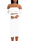 Doramode Women's Sexy Off Shoulder Long Sleeves Back Lace Up Crop Top Midi Pencil Bodycon 2 Pieces Set Club Dress
