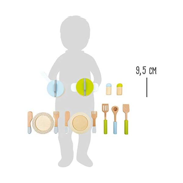 Small Foot Geschirr-und Topfset Kinderküche aus Holz, perfekte Ergänzung zu jeder Spielküche, 15-teilig, 11098, Grün Grau – Bild 6